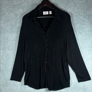 Chico's Travelers Womens Shirt‎ XL Black Lace Up Long Sleeve Wrinkle Free Work